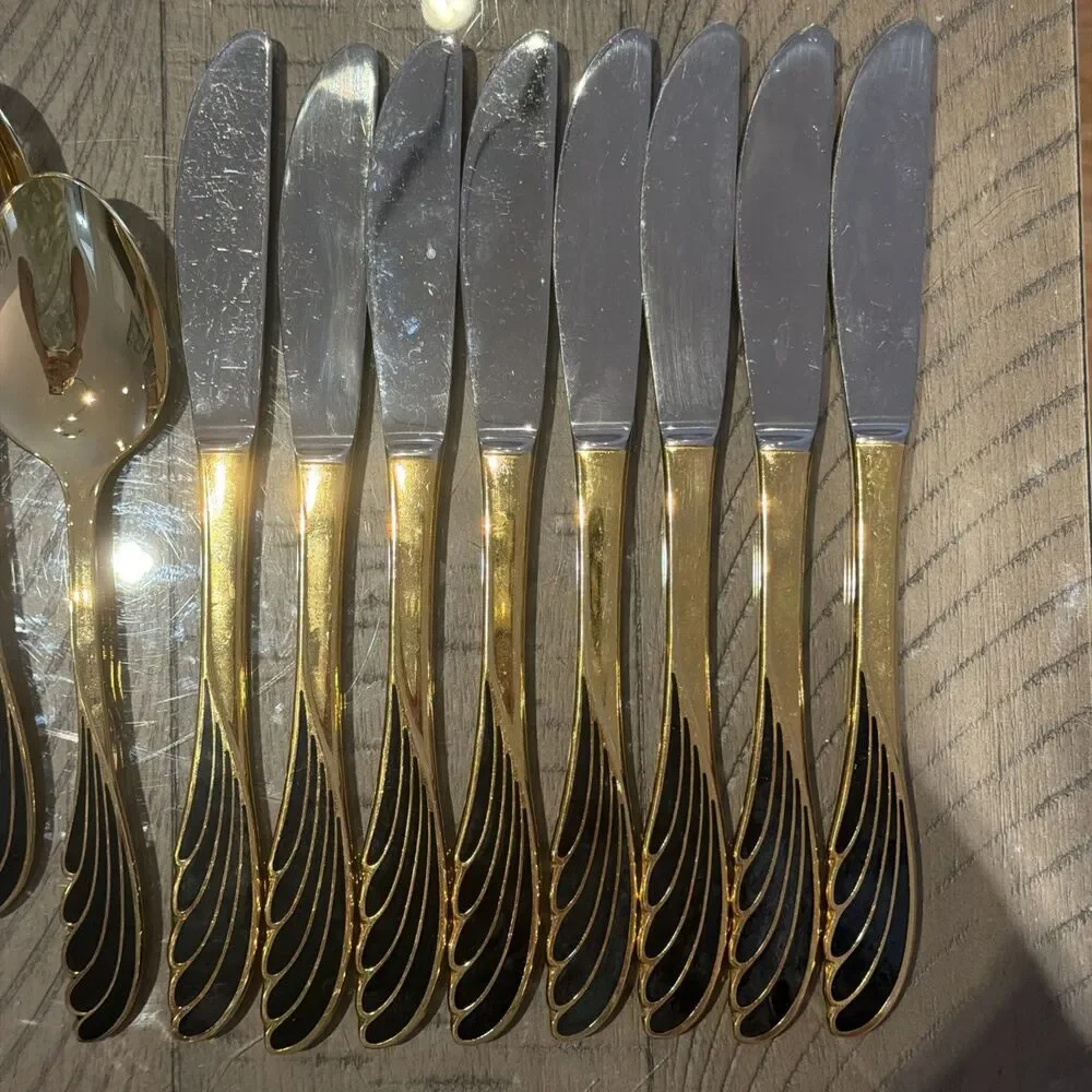 vtg Ranmaru Wave Golden silverware flatware cutlery Black gold knife spoon Fork